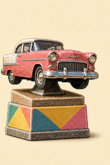 A coral California cruiser parked on a candy-color plinth.
