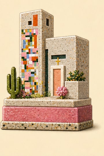 A tiny terrazzo shrine with cactus, mosaic, and pink concrete.