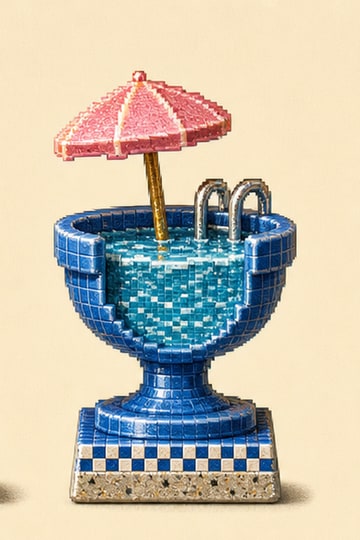 A cobalt pool trophy with a pink umbrella and chrome ladder.