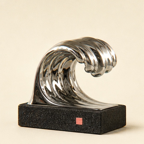 A chrome shorebreak rising from a black grip-tape plinth.