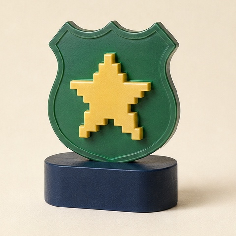 A yellow pixel star mounted to a deep-green road shield.
