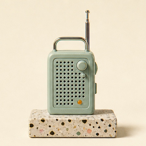 A seafoam weather radio shrine tuned to the end of the jetty.