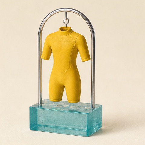 A lemon neoprene suit suspended over a block of pool light.
