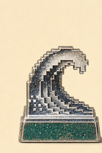 A tiny chrome wave breaking over green terrazzo.