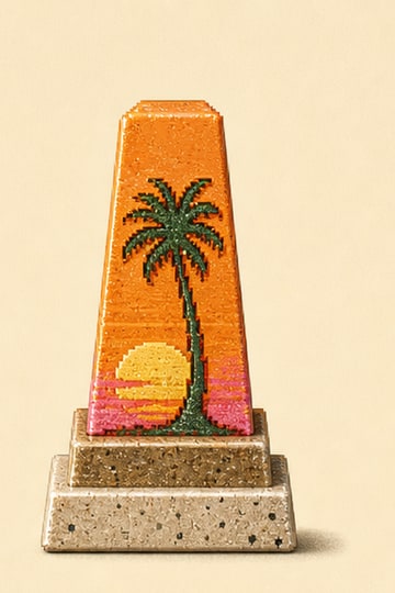 An orange palm obelisk holding the last bit of daylight.